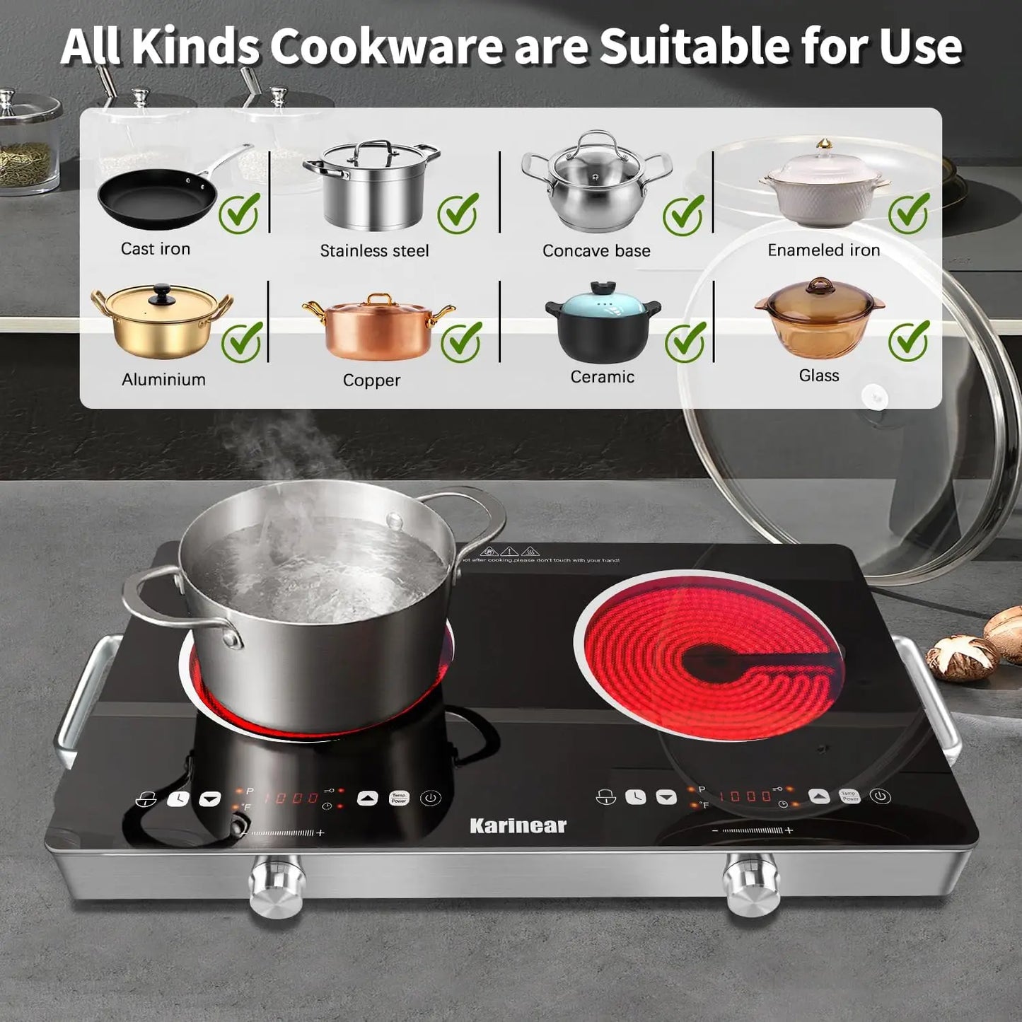 Karinear Ceramic Hob 2 Zone 3200W 240V With Safety Lock Knobs And Touch