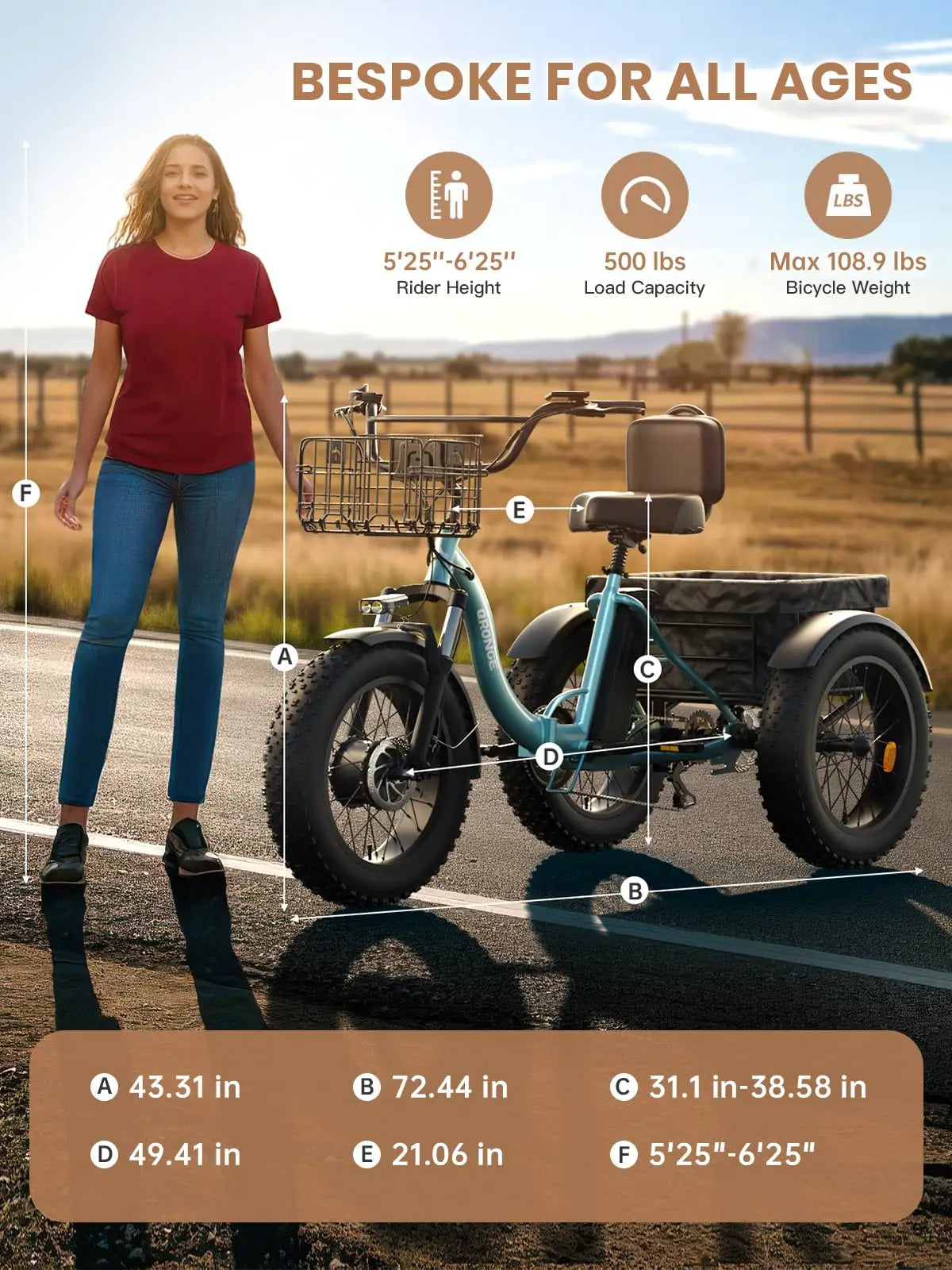 QRONGE Lava 960W Electric Tricycle For Adults 50 Miles Range