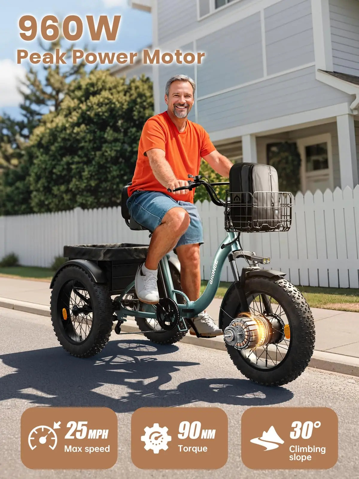 QRONGE Lava 960W Electric Tricycle For Adults 50 Miles Range