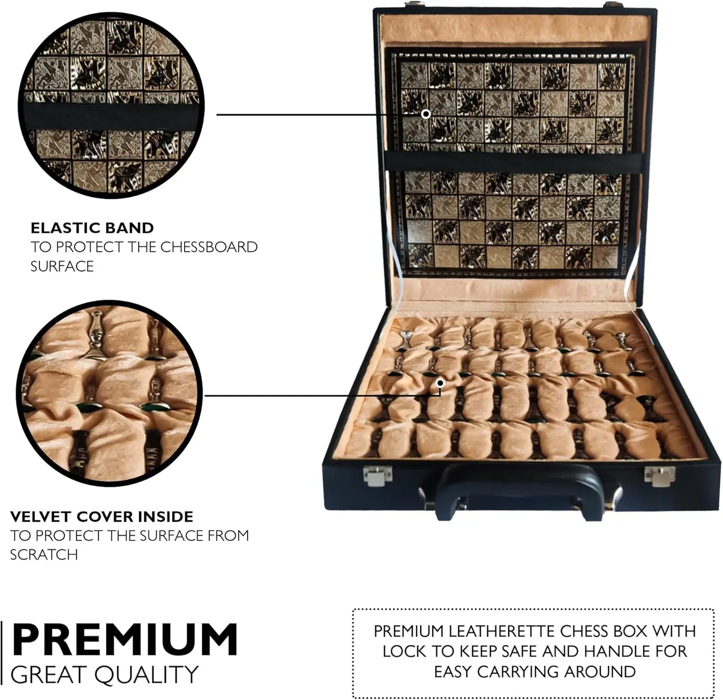 XMSJ Brass Chess Set Tribal Warli Art Leather Storage Box