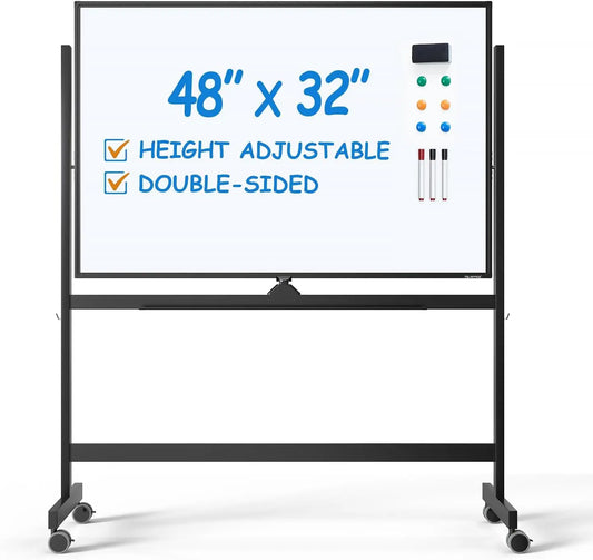 Large Adjustable Rolling Whiteboard 48x32 Inch Magnetic Dry Erase Board Mobile Easel for Office Home Classroom