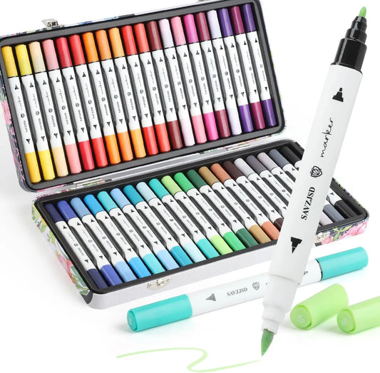 40-Color Alcohol Markers Set with Metal Box, Dual Tips for Art & Coloring