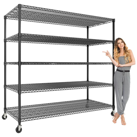 5-Tiers Garage Shelving for Pantry Garage Kitchen Home Commercia Storage Shelves Unit with Wheels & Feet 82.6" Hx 59"W x 23.9"D