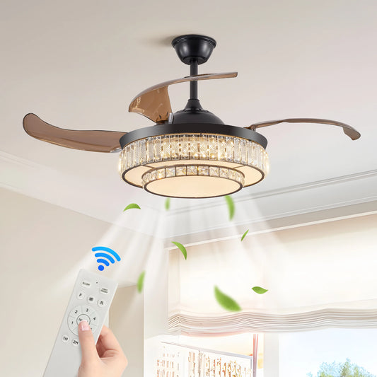 ARLGSITE Luxurious Crystal Ceiling Fan Light,  Remote Control Folding Fan Light with Timer Function, Adjustable Color Lighting