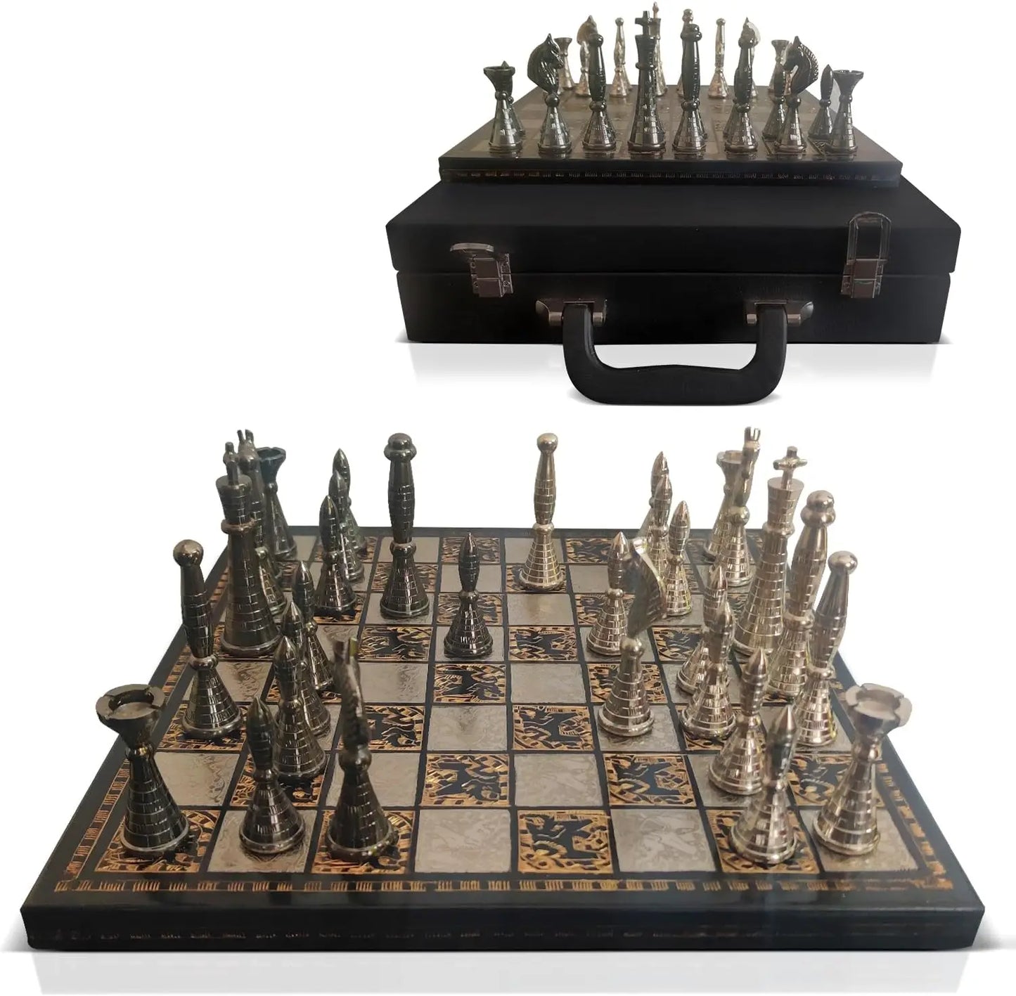 XMSJ Brass Chess Set Tribal Warli Art Leather Storage Box