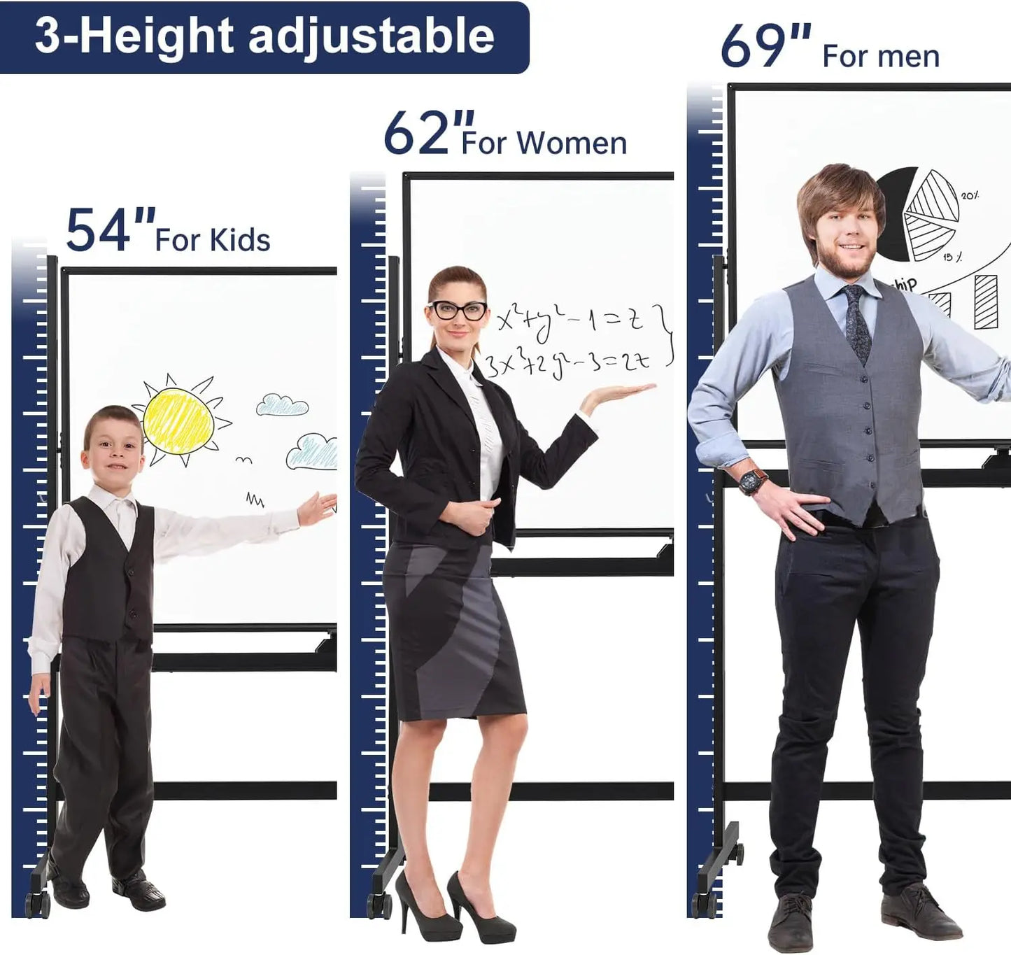 Large Adjustable Rolling Whiteboard 48x32 Inch Magnetic Dry Erase Board Mobile Easel for Office Home Classroom