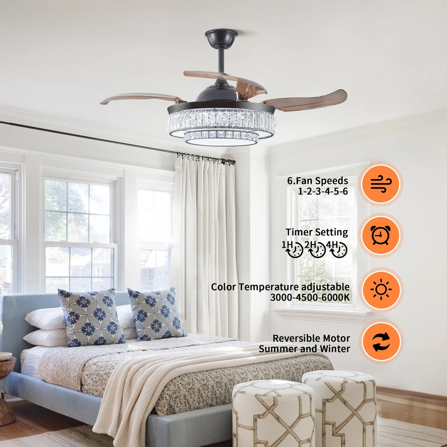 ARLGSITE Luxurious Crystal Ceiling Fan Light,  Remote Control Folding Fan Light with Timer Function, Adjustable Color Lighting