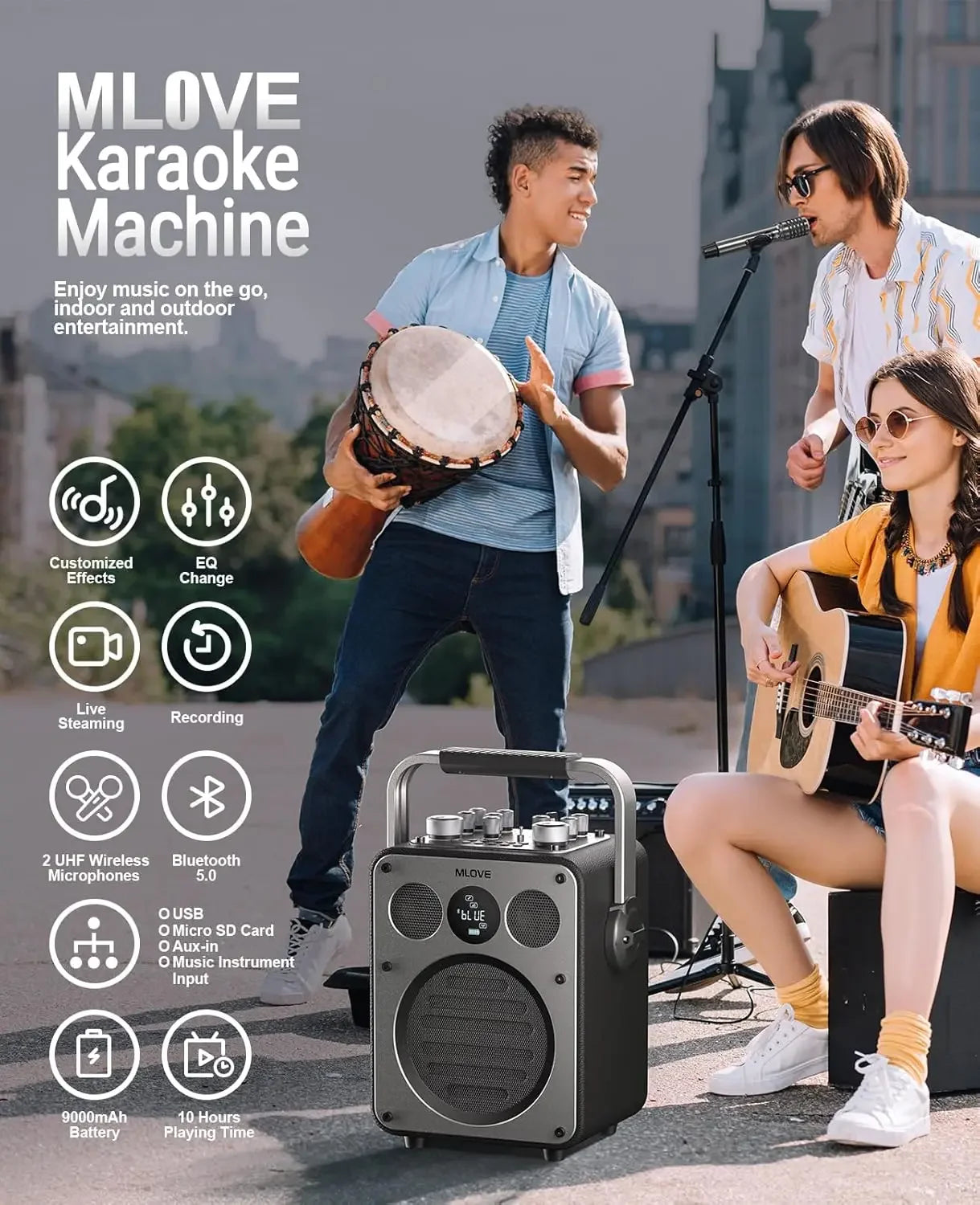 MLOVE D5 Karaoke Machine With Bluetooth And 2 Wireless Mics