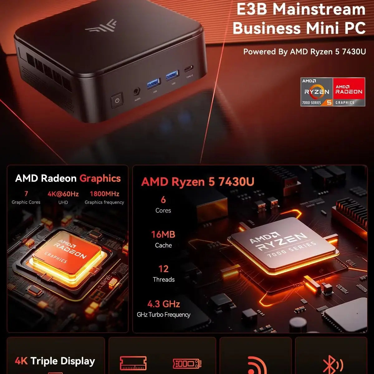 ACEMAGIC E3B Mini PC Ryzen 7430U 4K WiFi6 Windows OS