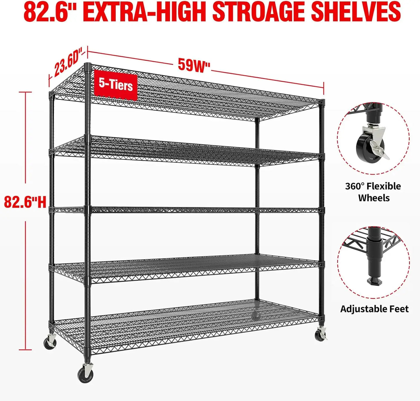 5-Tiers Garage Shelving for Pantry Garage Kitchen Home Commercia Storage Shelves Unit with Wheels & Feet 82.6" Hx 59"W x 23.9"D