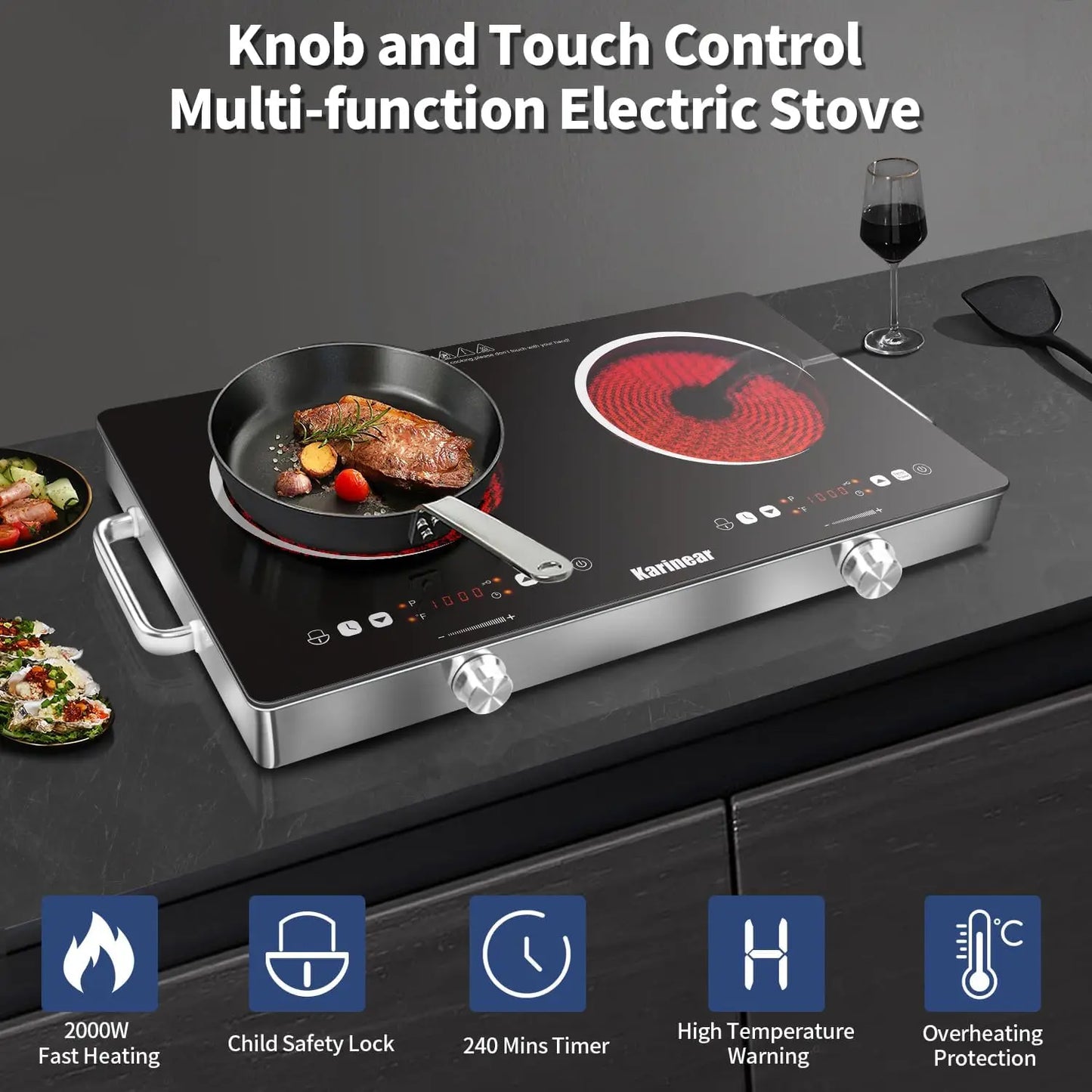 Karinear Ceramic Hob 2 Zone 3200W 240V With Safety Lock Knobs And Touch
