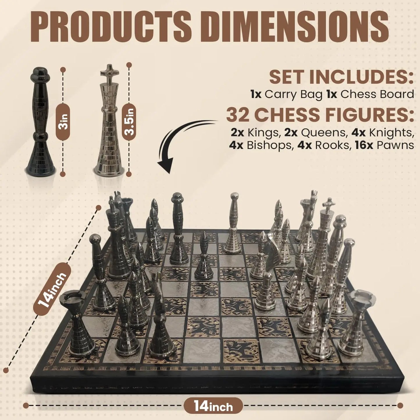 XMSJ Brass Chess Set Tribal Warli Art Leather Storage Box