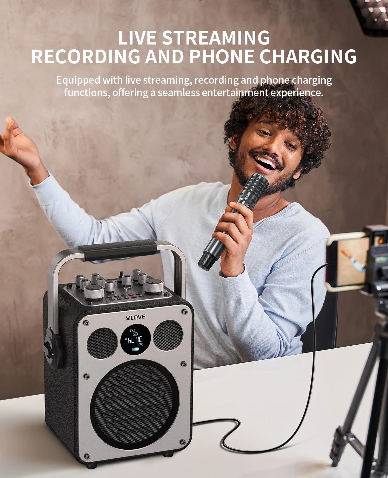 MLOVE D5 Karaoke Machine With Bluetooth And 2 Wireless Mics