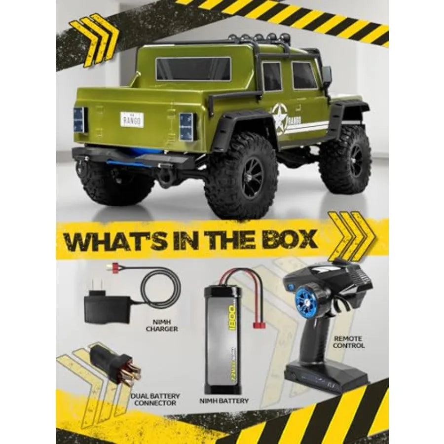RC crawler for adults: army green 4WD remote control car with waterproof off-road design, 2-speed transmission, high torque bru