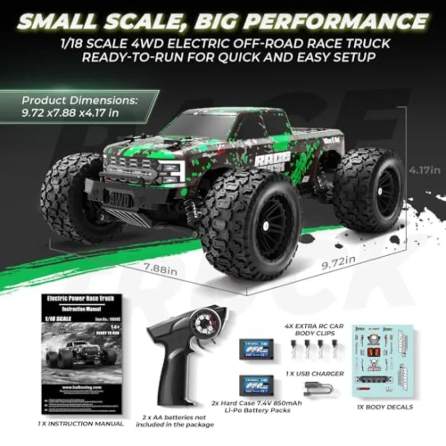 Off-Road RTR Remote Control Car, 1:18 Scale 4WD RC Truck Bundle, Full Metal Oil-Filled Shock Upgrade Set, 18859E Green, 36km/h