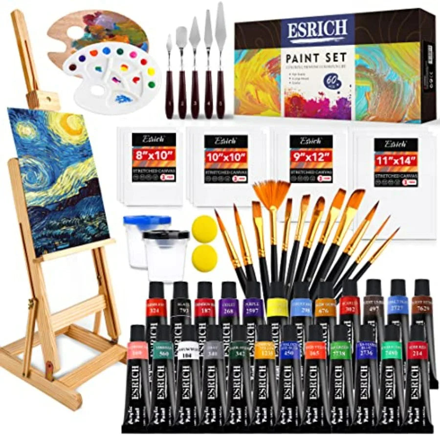 Professional Acrylic Paint Set 60PCS with Painting Brushes Acrylic Paints Easel 4 Sizes Blank Canvases Palette Paint Knives Bru