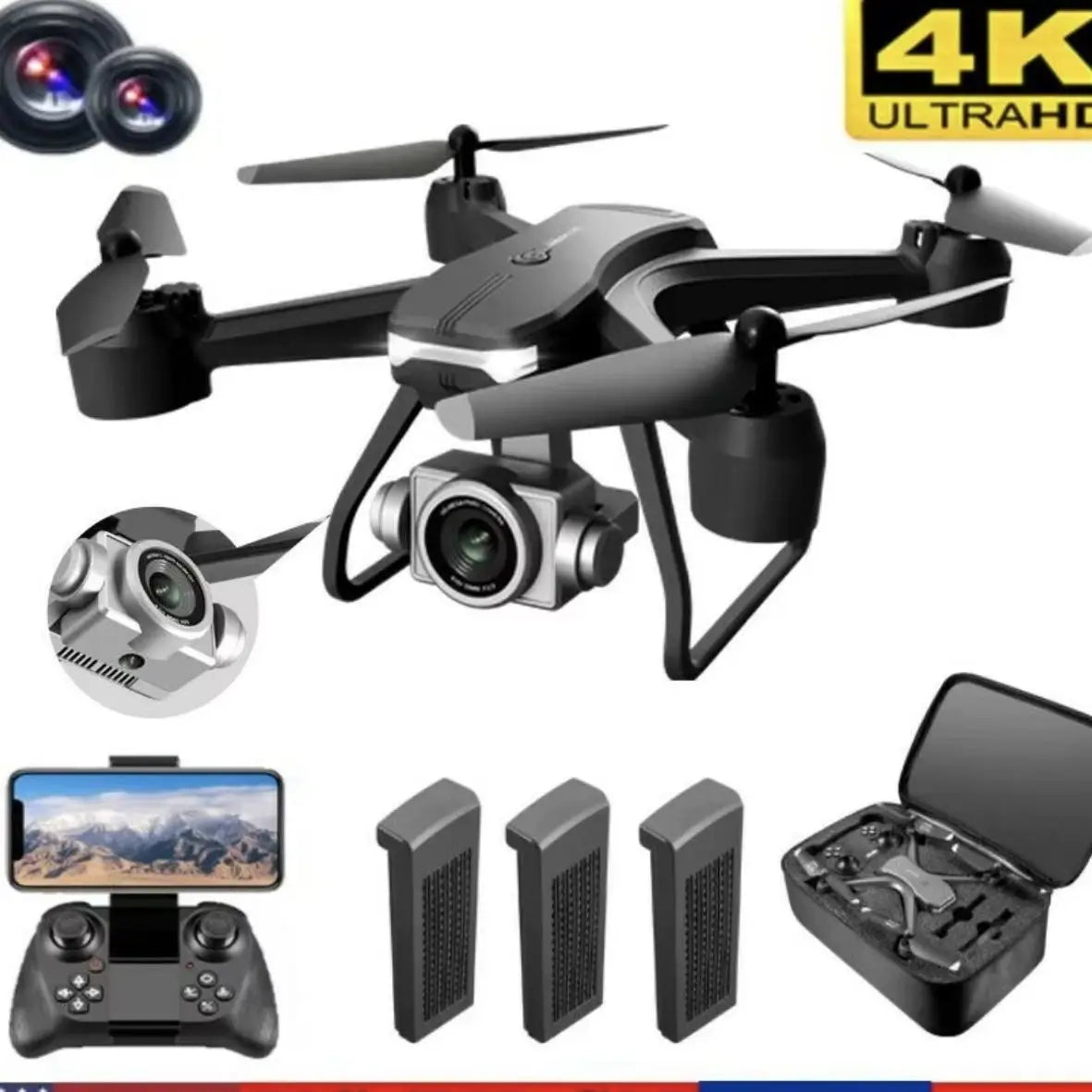 V14 Professional Drone, 3 Batteries, 6K HD Dual Camera, WiFi FPV Live Video, Portable RC Quadcopter, 120° Wide-Angle Lens, Altitude Hold, Gesture Control, 3D Flip, Foldable Design, Long Endurance, Suitable for Adults Beginne
