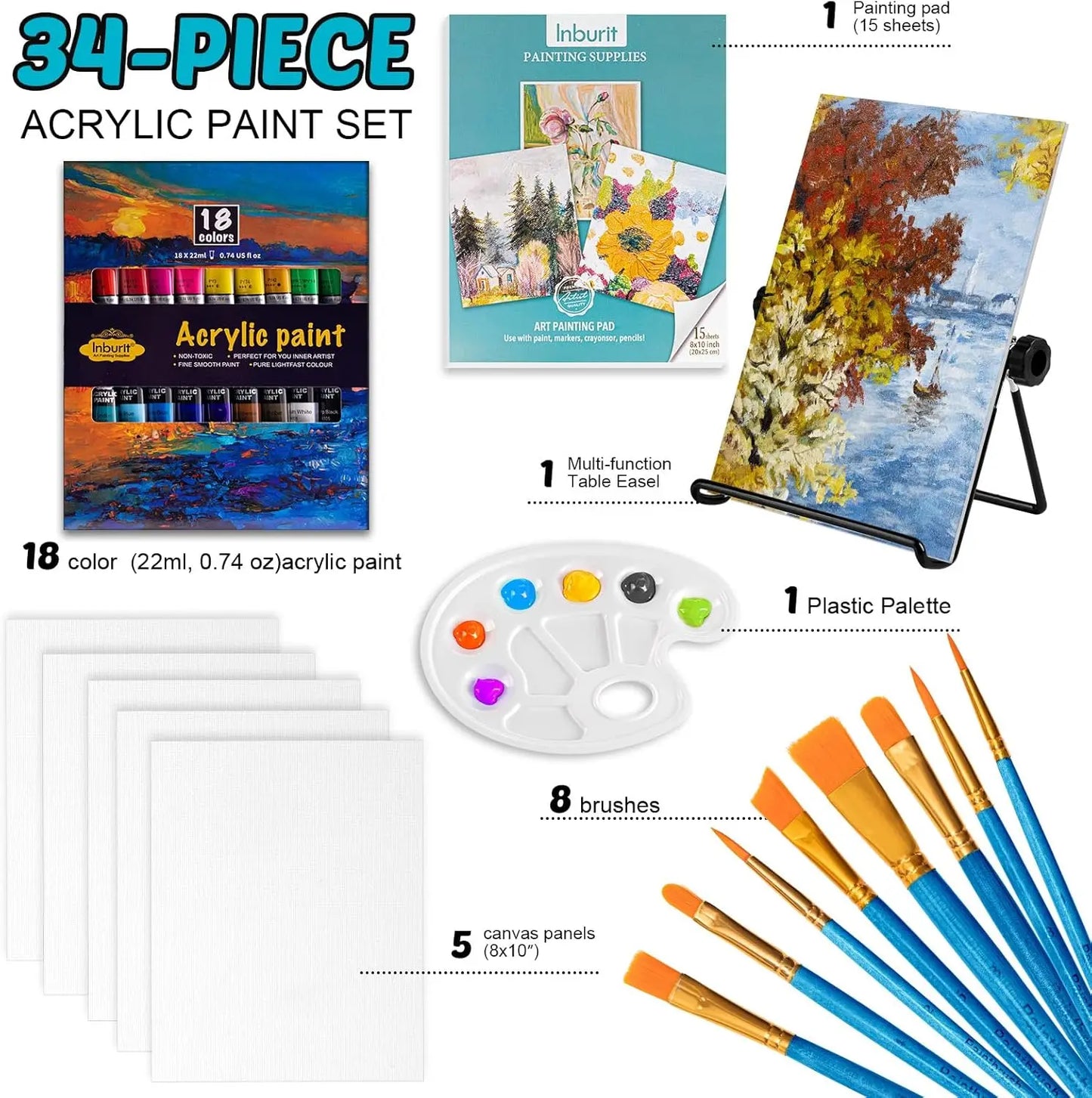 Art Paint Set for Kids, 18 Acrylic Paints, 5 Canvas Panels, 8 Brushes, Table Easel, Painting Supplies Kit for Students and