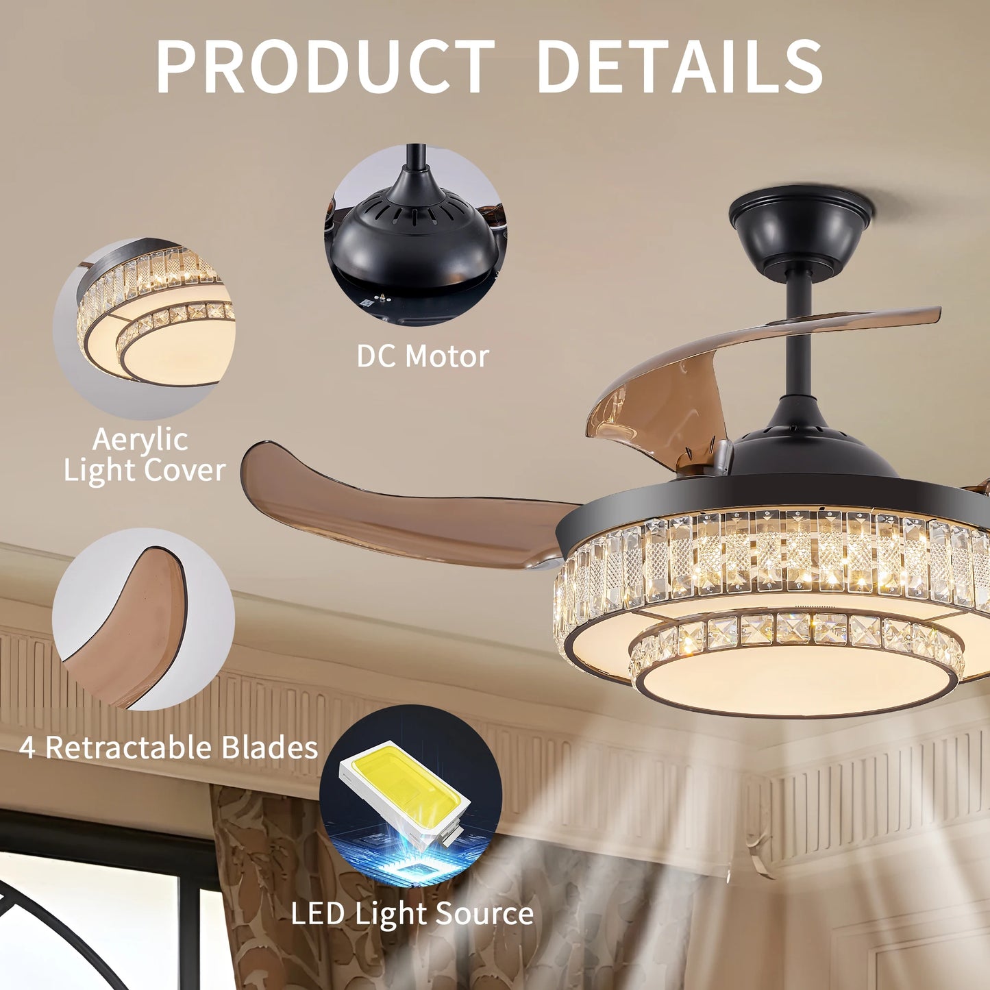 ARLGSITE Luxurious Crystal Ceiling Fan Light,  Remote Control Folding Fan Light with Timer Function, Adjustable Color Lighting