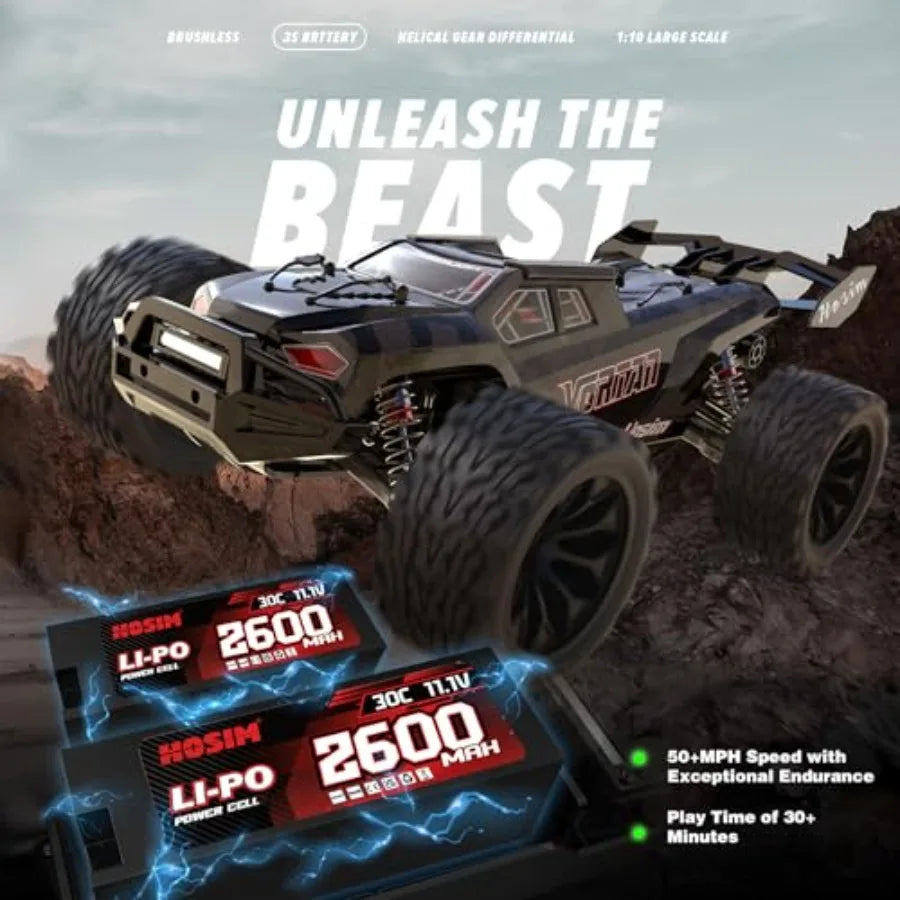 RC truck for adults, brushless 4WD all-terrain electric RTR car in black, waterproof for snow/sand/beach, 50+ mph speed with 3S