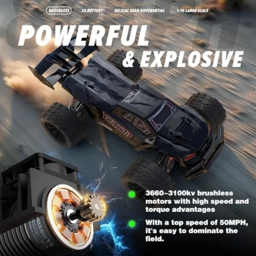 RC truck for adults, brushless 4WD all-terrain electric RTR car in black, waterproof for snow/sand/beach, 50+ mph speed with 3S