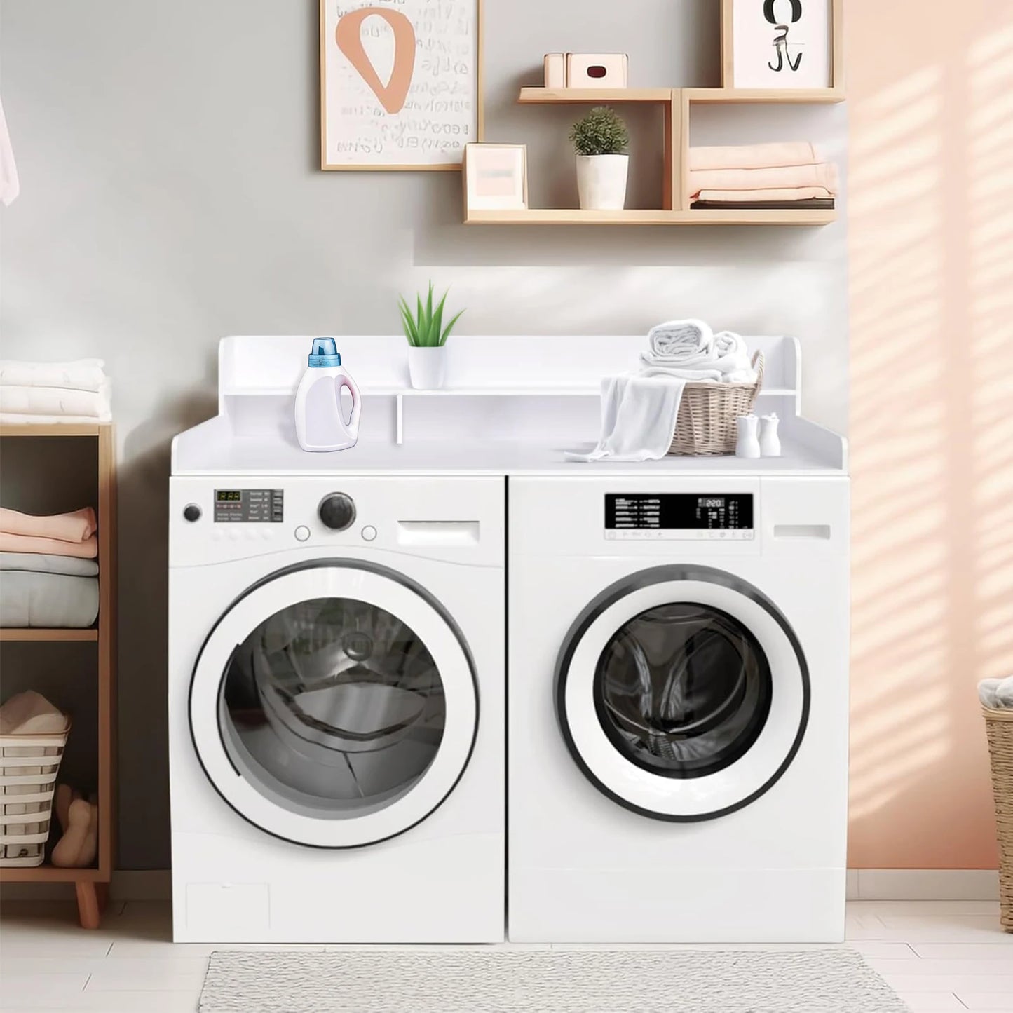 Washer Dryer Laundry Countertop With 2-Tier Storage Shelf & Edge Rails, Laundry Over Washing Top Protector For Washer And Dryer