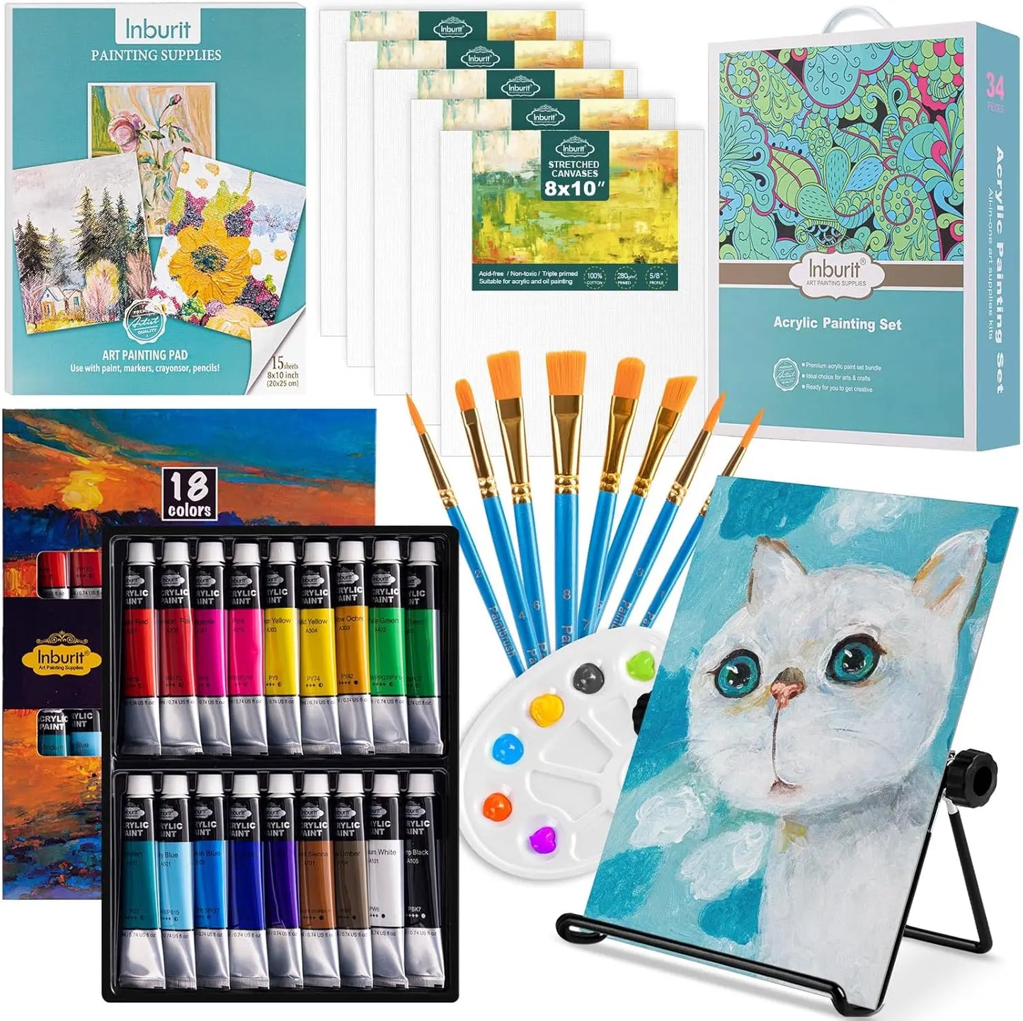 Art Paint Set for Kids, 18 Acrylic Paints, 5 Canvas Panels, 8 Brushes, Table Easel, Painting Supplies Kit for Students and