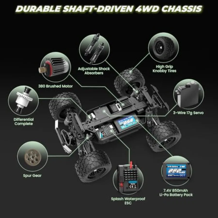 Off-Road RTR Remote Control Car, 1:18 Scale 4WD RC Truck Bundle, Full Metal Oil-Filled Shock Upgrade Set, 18859E Green, 36km/h
