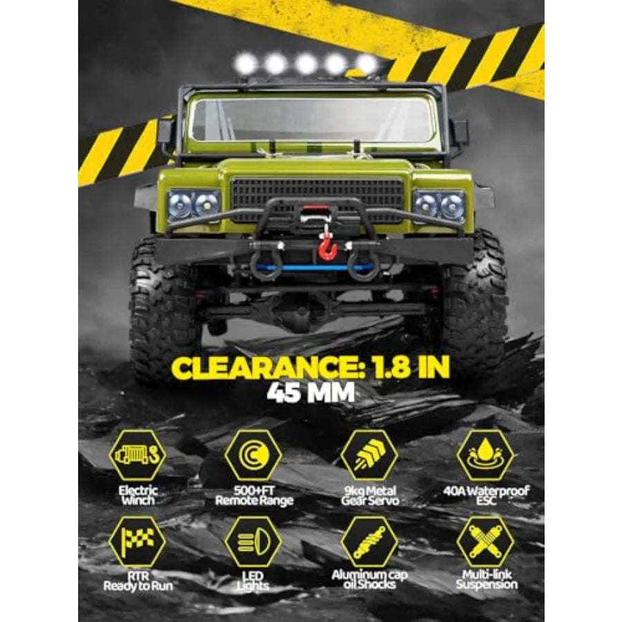 RC crawler for adults: army green 4WD remote control car with waterproof off-road design, 2-speed transmission, high torque bru