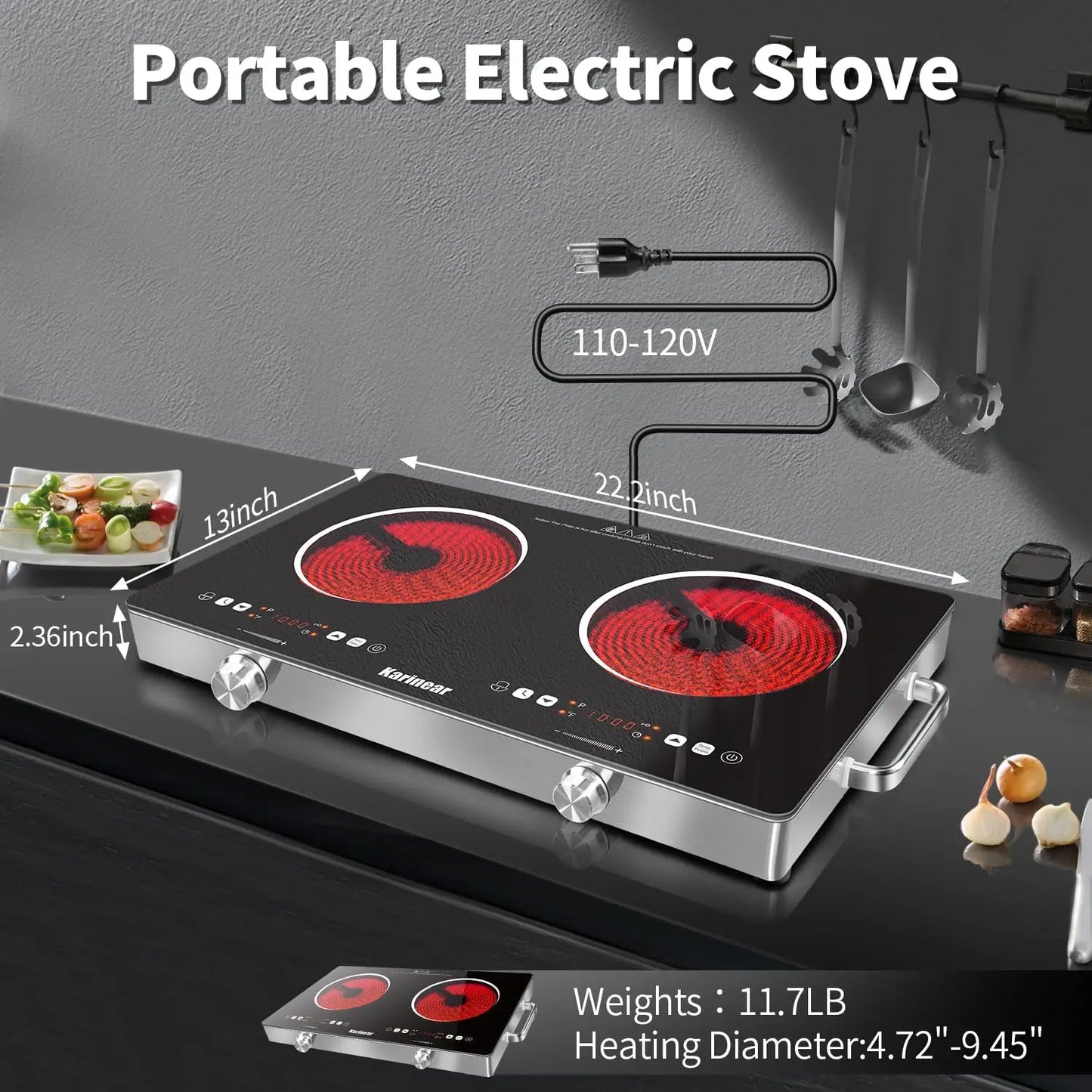 Karinear Ceramic Hob 2 Zone 3200W 240V With Safety Lock Knobs And Touch