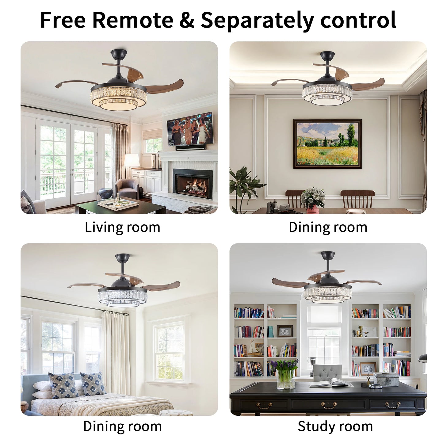 ARLGSITE Luxurious Crystal Ceiling Fan Light,  Remote Control Folding Fan Light with Timer Function, Adjustable Color Lighting