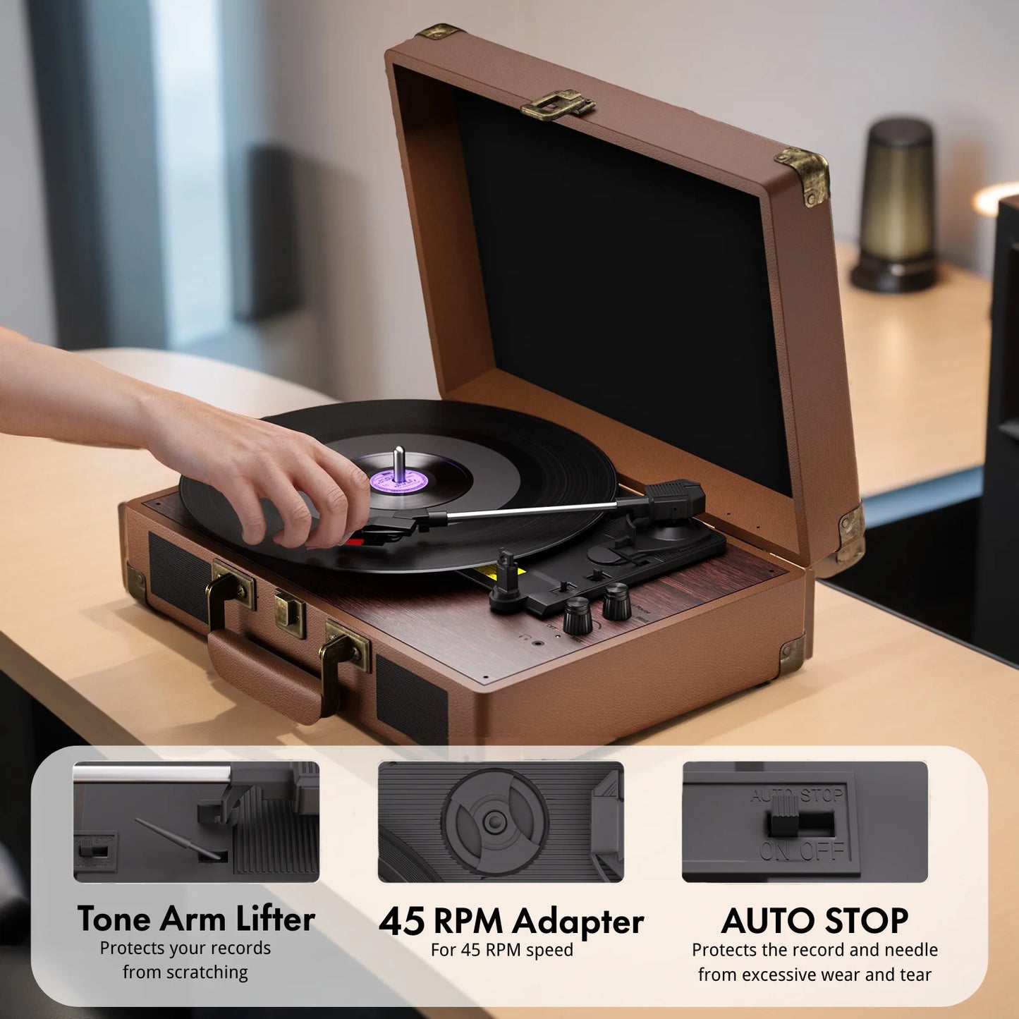 Maio 3-Speed Record Player With Built-In Stereo Speakers Headphone Jack