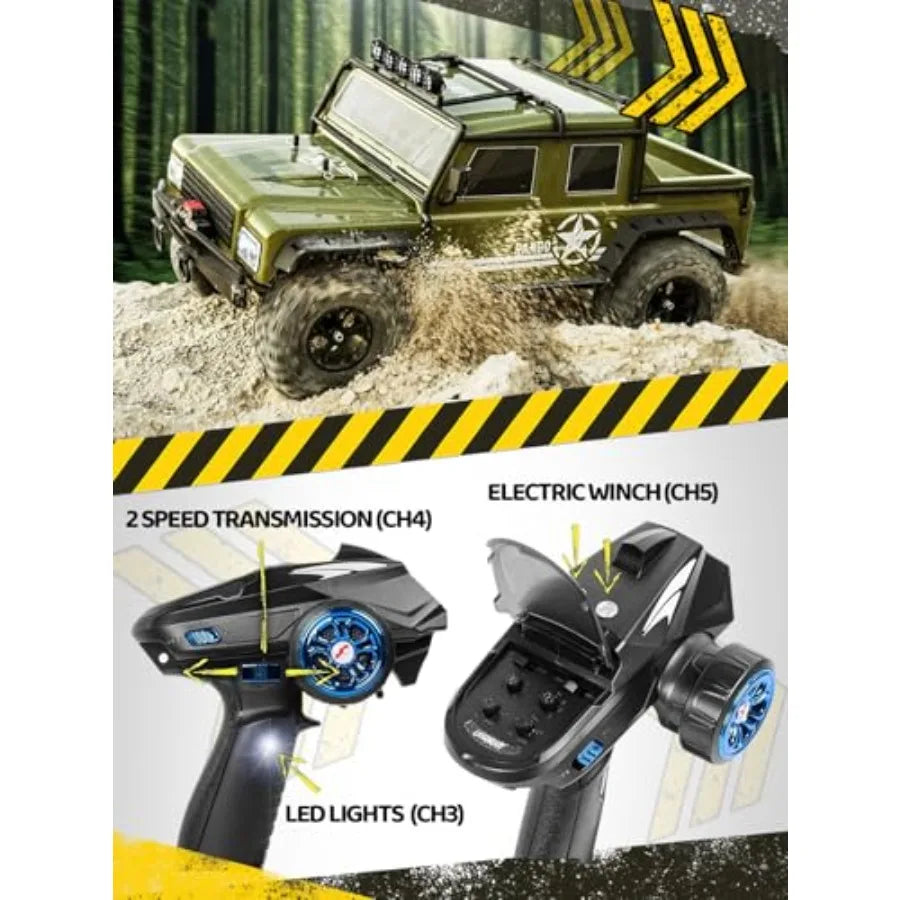 RC crawler for adults: army green 4WD remote control car with waterproof off-road design, 2-speed transmission, high torque bru