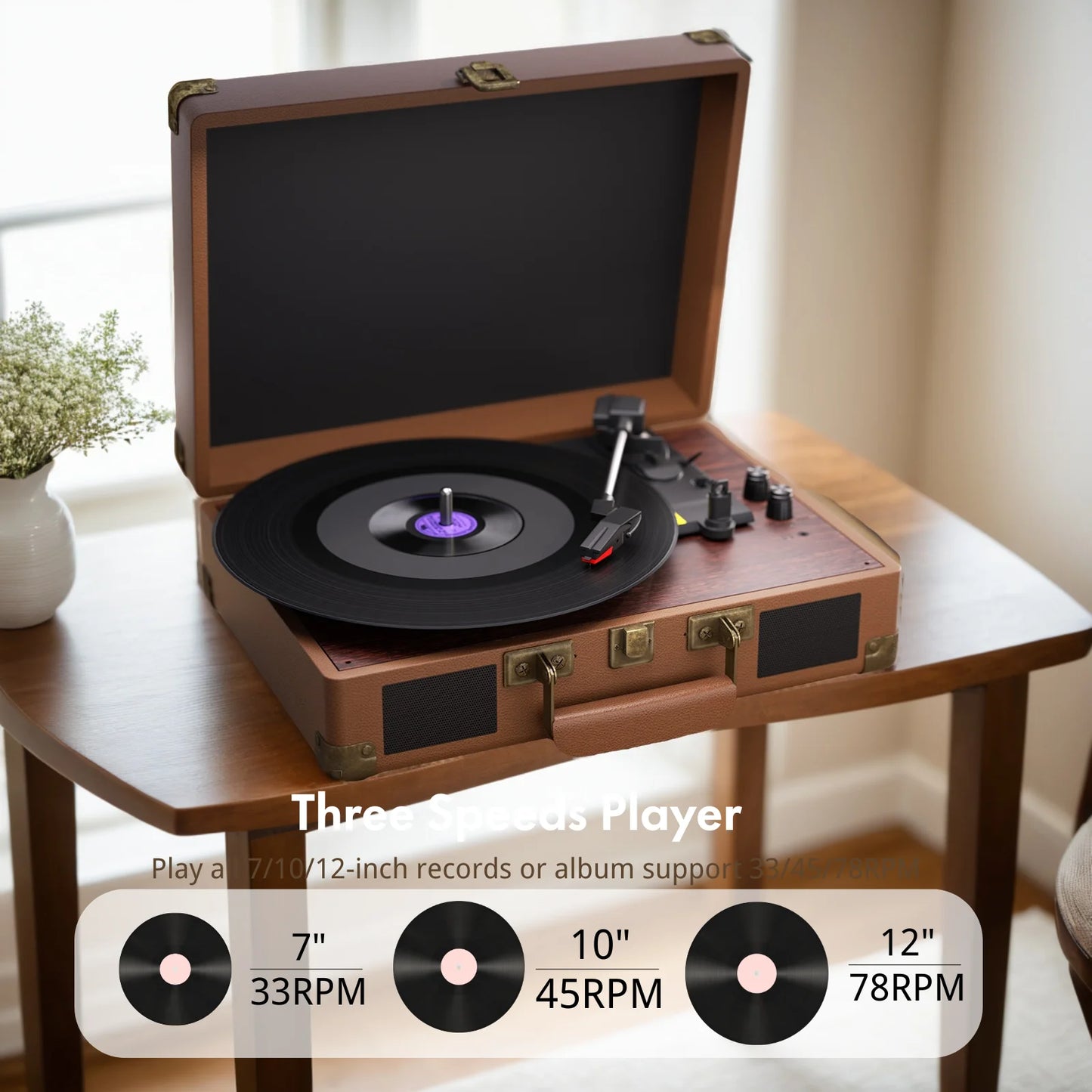 Maio 3-Speed Record Player With Built-In Stereo Speakers Headphone Jack