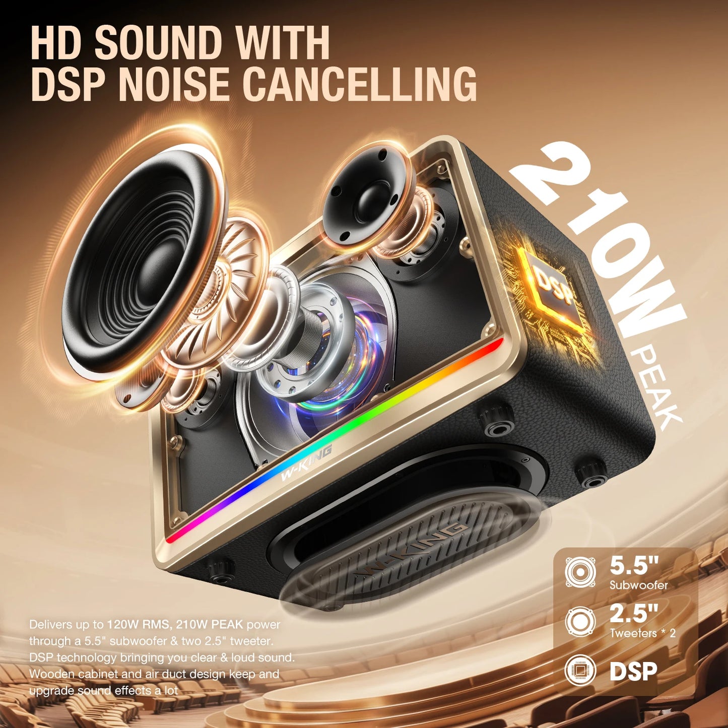 W-King 120W Retro Bluetooth Speaker Max Bass AUX USB TF