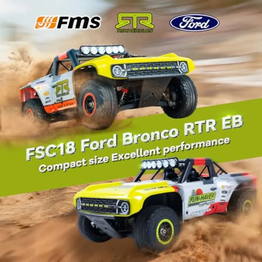 FMS 1/18 FSC18 Ford Bronco RTR EB, Brushed RC Short Course, Licensed by Ford, High Speed RC Truck, 4x4 Off-Road RC Car, Hobby R