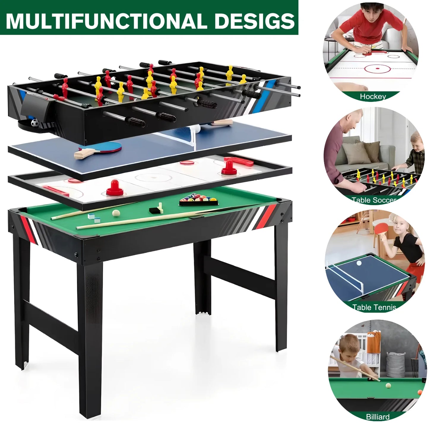 4-In-1 Multi Game Table with Football Billiards Ice Hockey Table Tennis Combo Game Table Set Wear Resist Combination Game Table