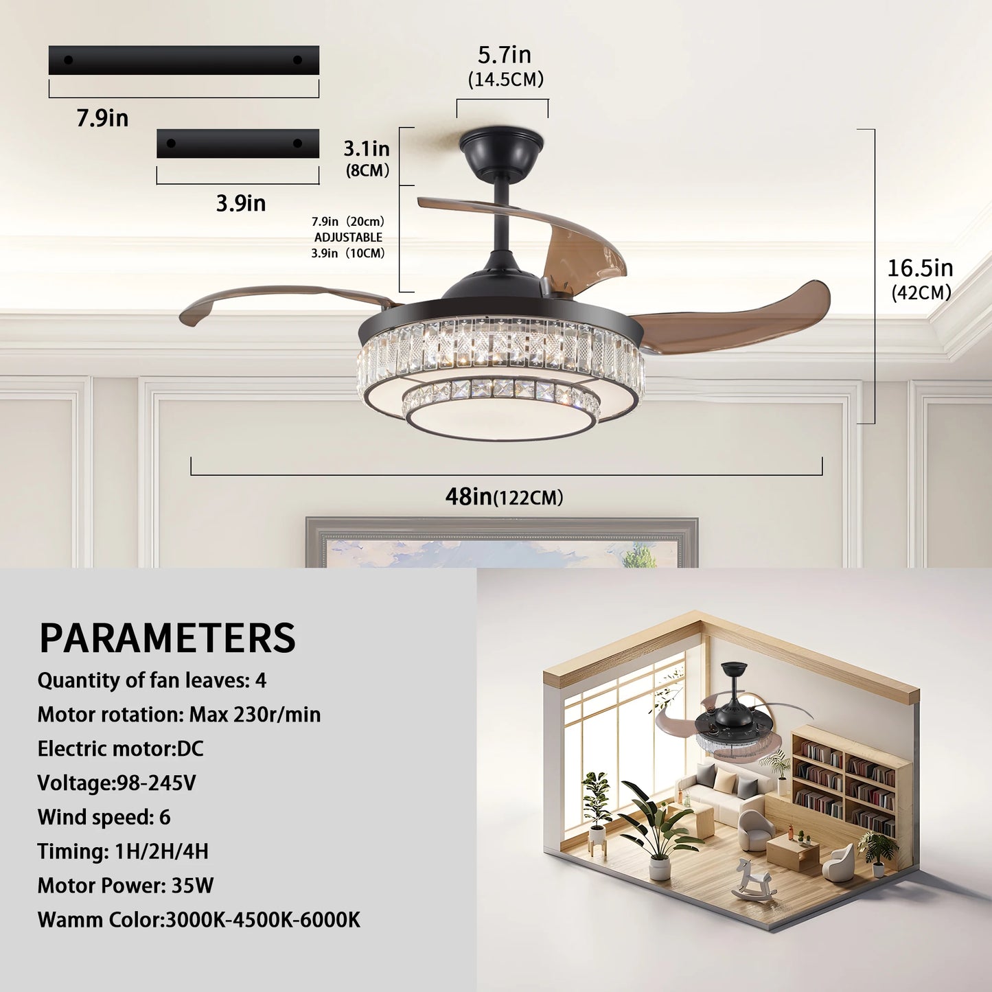 ARLGSITE Luxurious Crystal Ceiling Fan Light,  Remote Control Folding Fan Light with Timer Function, Adjustable Color Lighting