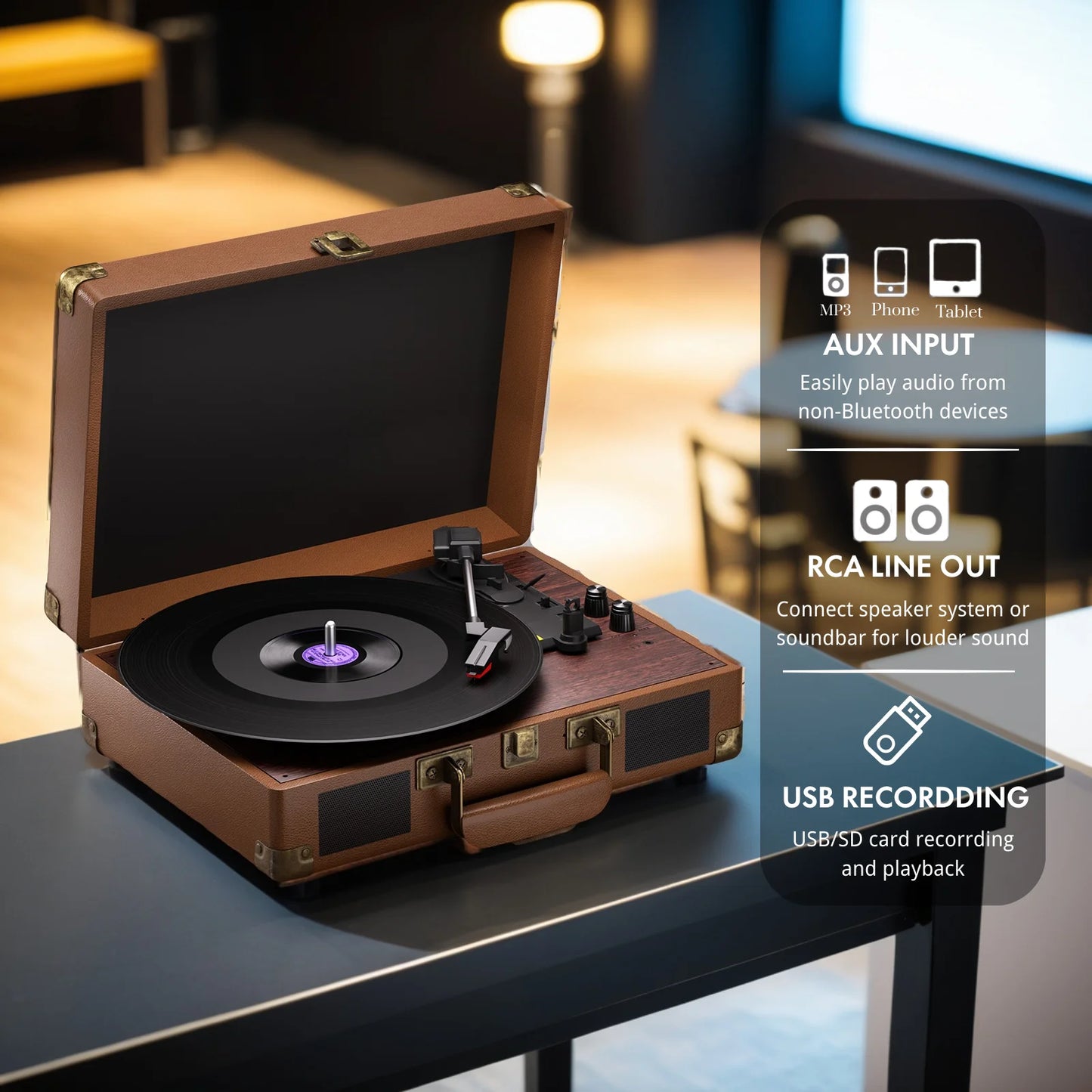 Maio 3-Speed Record Player With Built-In Stereo Speakers Headphone Jack